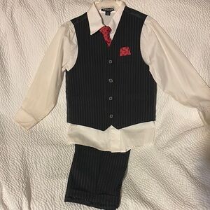 Elegant Black Pinstripe Suit with Red Accents